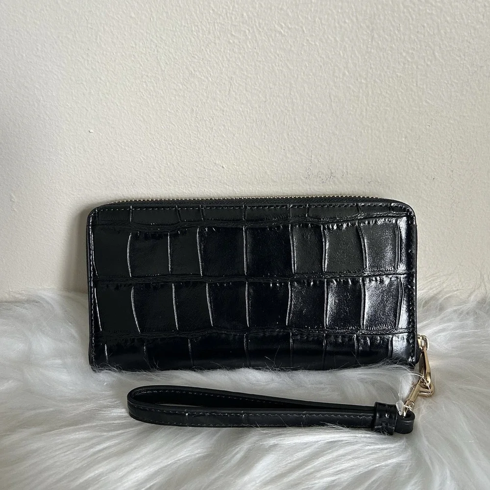 Coach CT083 Black Croc Embossed Leather Large Phone Wallet Wristlet NEW‎